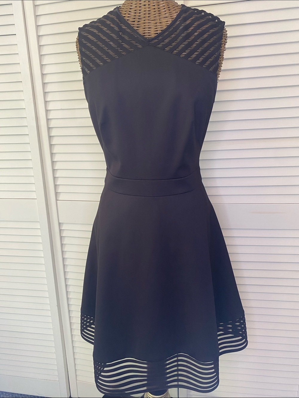 Ted Baker Black Sleeveless Fit-and-Flare Mini Dress with Sheer Stripe Detail